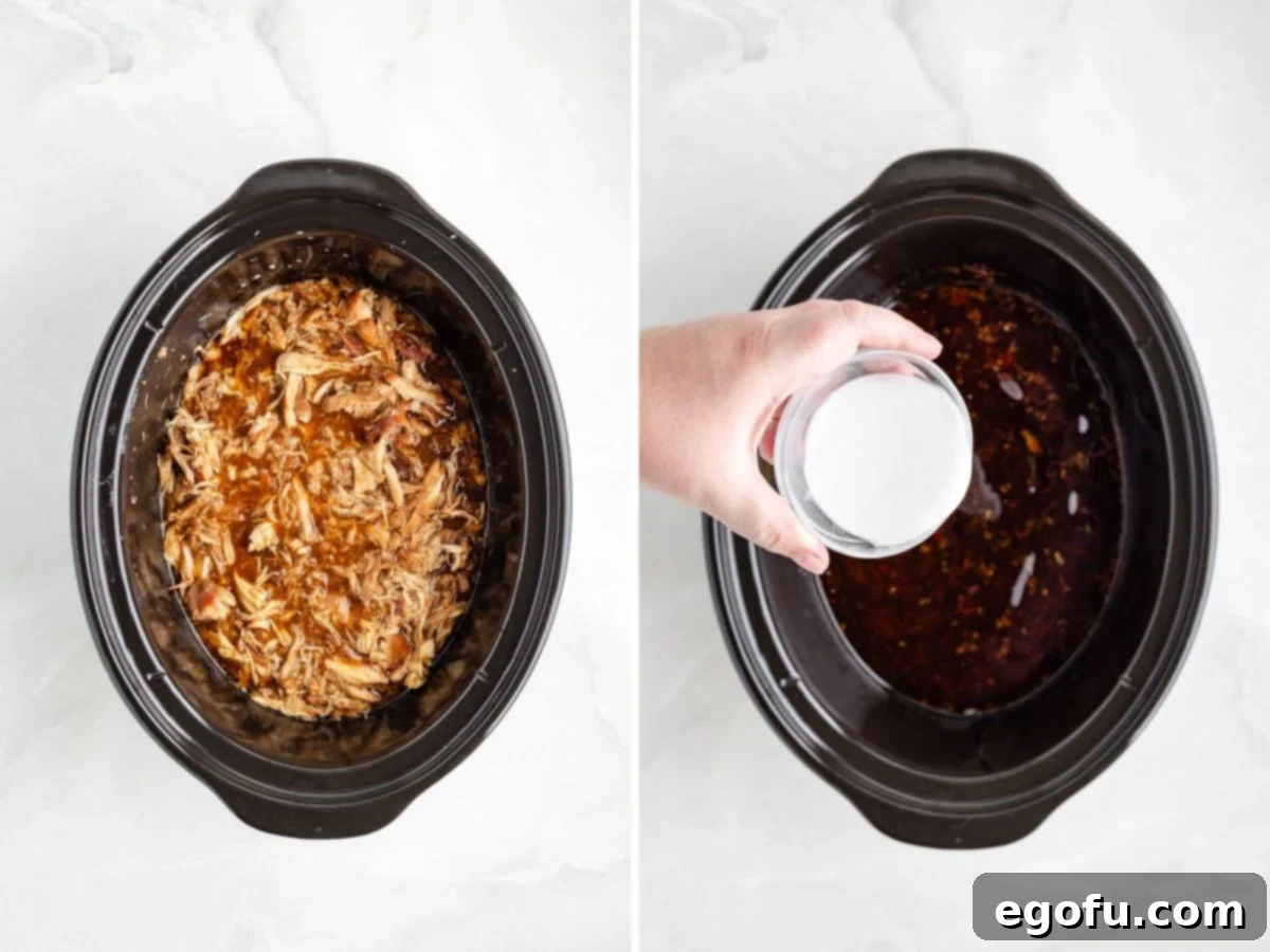 Shredded chicken and sauce in a Slow Cooker, with a cornstarch slurry being added to help thicken the sauce.