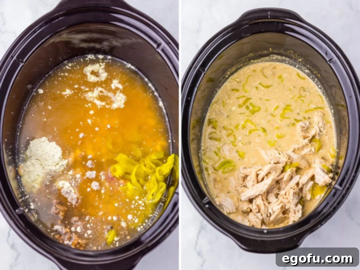 A slow cooker containing all the ingredients for Mississippi Chicken Chili, before and after cooking.