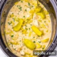 Overhead view of a Crock Pot filled with Mississippi Chicken Chili.