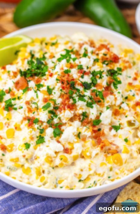A big white bowl of Slow Cooker Corn Dip.