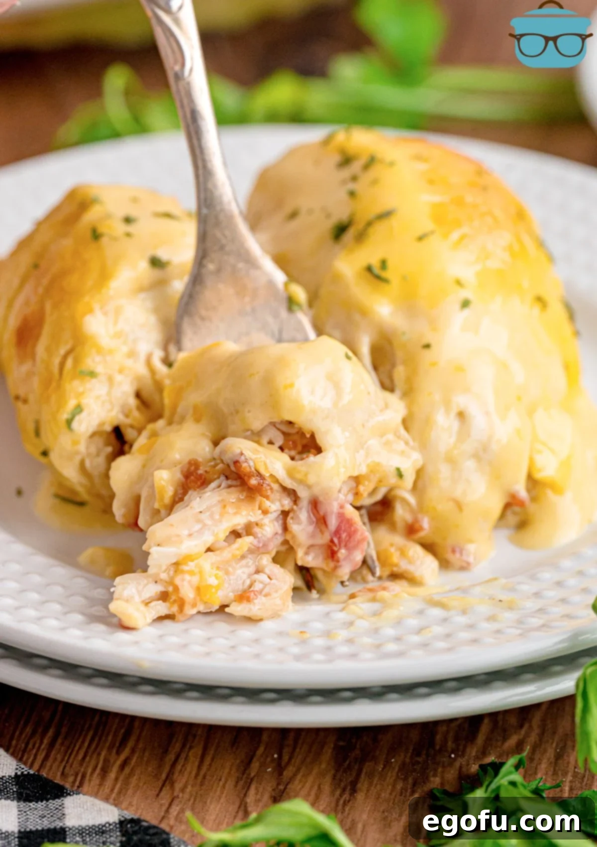 Cheesy Chicken Crescents 2 A plate with two chicken crescent rolls on a white plate with a fork.