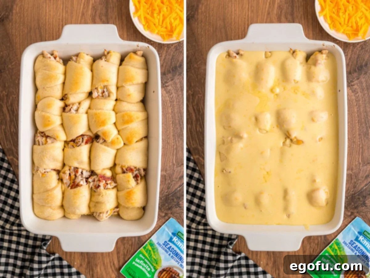 Cheesy Chicken Crescents 11 Unbaked stuffed Chicken Crescent Rolls with sauce on top in a baking dish.