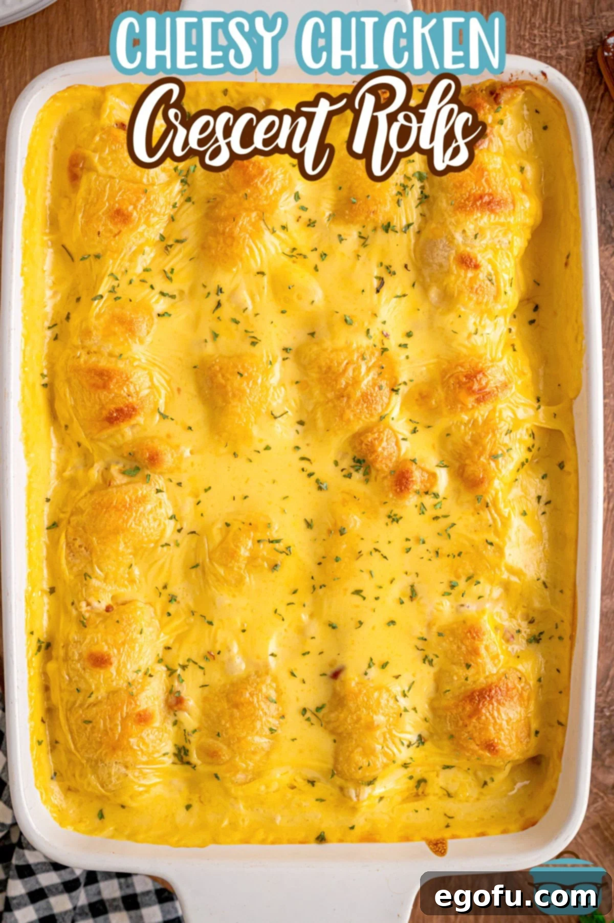 Cheesy Chicken Crescents 4 Looking down on a large baking dish full of Cheesy Chicken Crescent Rolls.