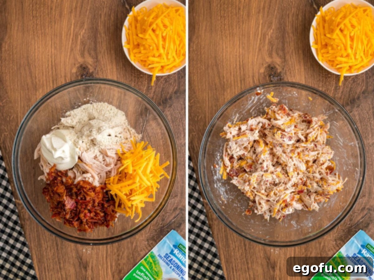 Cheesy Chicken Crescents 6 A bowl of shredded chicken, sour cream, ranch seasoning, shredded cheddar cheese, and crumbled bacon.