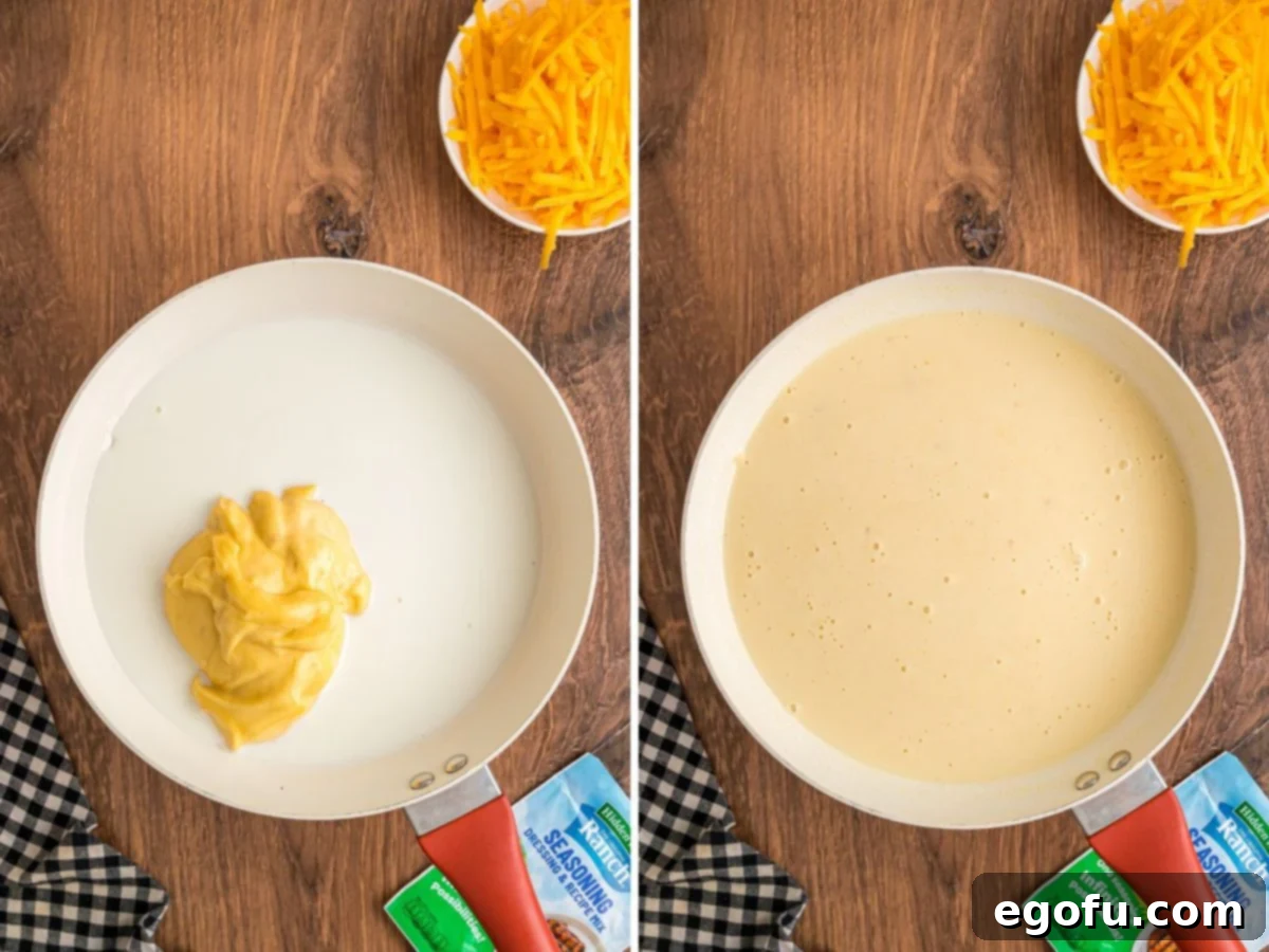 Cheesy Chicken Crescents 9 A cheese sauce simmering in a saucepan.