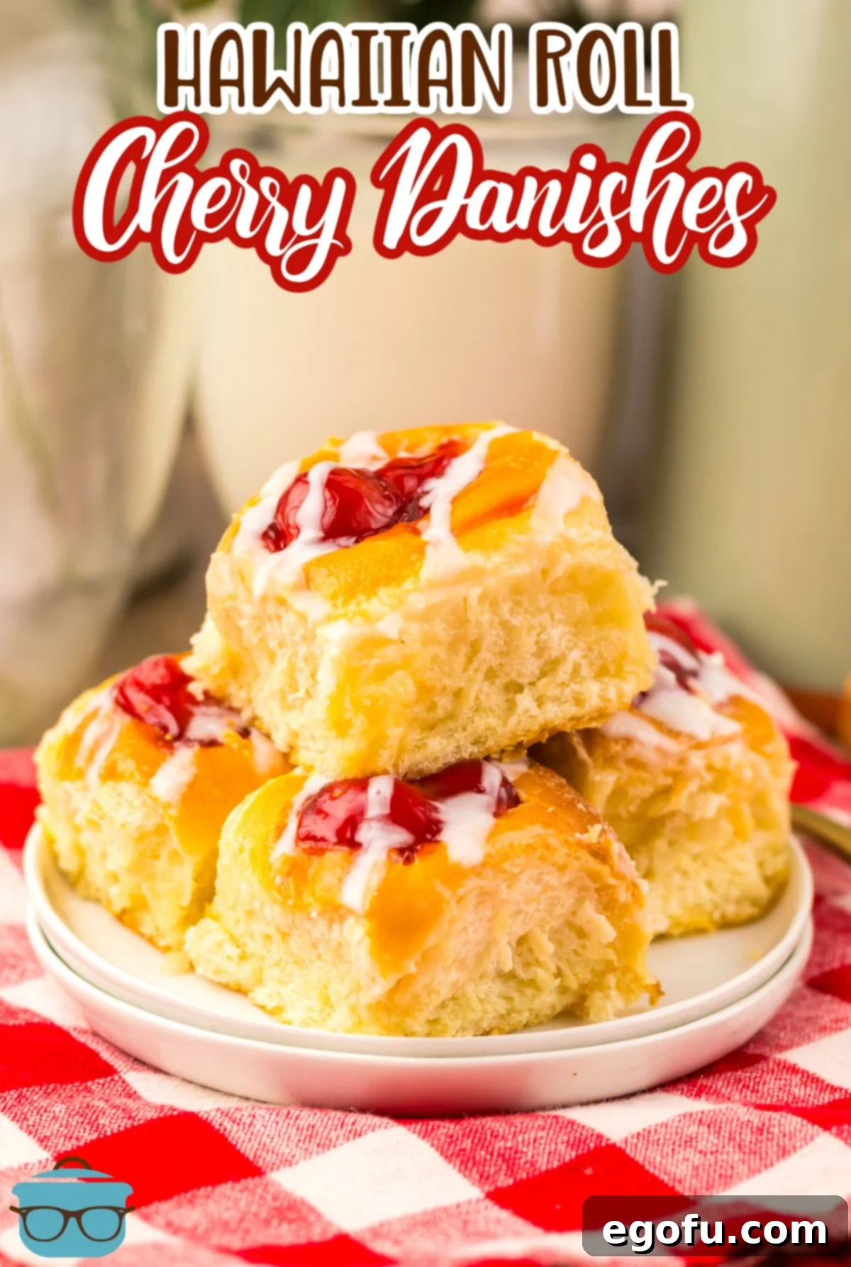 Hawaiian Sweet Roll Cherry Pastries 3 A small stack of glistening Hawaiian Roll Cherry Danishes arranged artfully on a white plate.