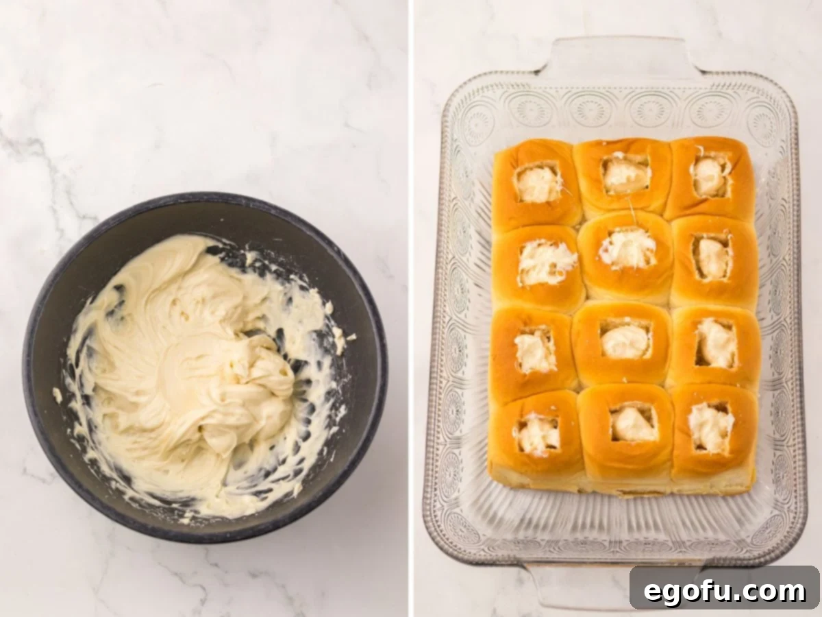 Hawaiian Sweet Roll Cherry Pastries 5 A close-up photo showing the cream cheese mixture in a bowl and Hawaiian Rolls with the centers removed and filled with the cream cheese mixture.