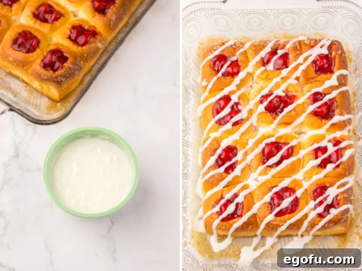 Hawaiian Sweet Roll Cherry Pastries 7 A photo showing powdered sugar, vanilla extract, and milk being mixed together in a bowl to create the icing, next to a dish of freshly glazed Hawaiian Roll Cherry Danishes.