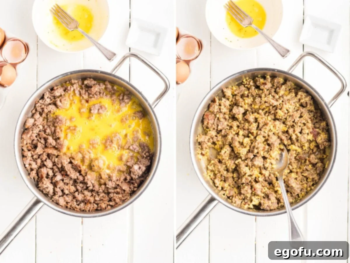 McGriddle Muffins
McMuffin Magic: Sweet & Savory Bites 6 Whisked eggs being poured into a skillet of cooked ground sausage.