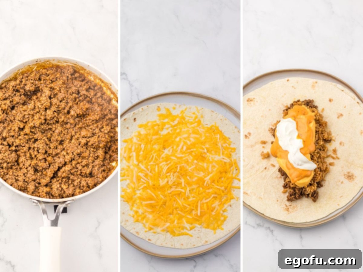 A visual guide showing the key steps in making a Taco Bell Quesarito: seasoned beef in a skillet, a tortilla with melting cheese, and the layering of fillings.