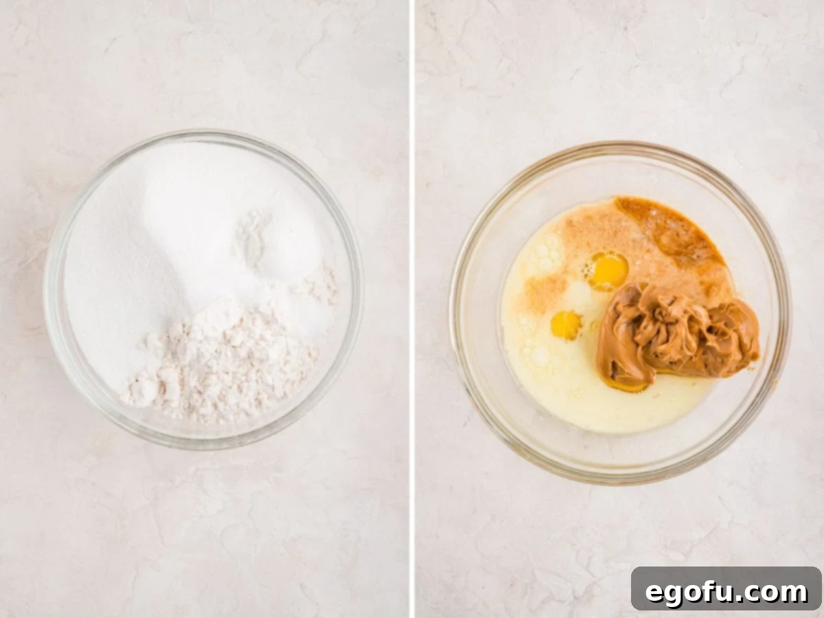 Peanut Butter & Jelly Swirl Muffins 5 Mixing wet and dry ingredients for Peanut Butter and Jelly Muffins