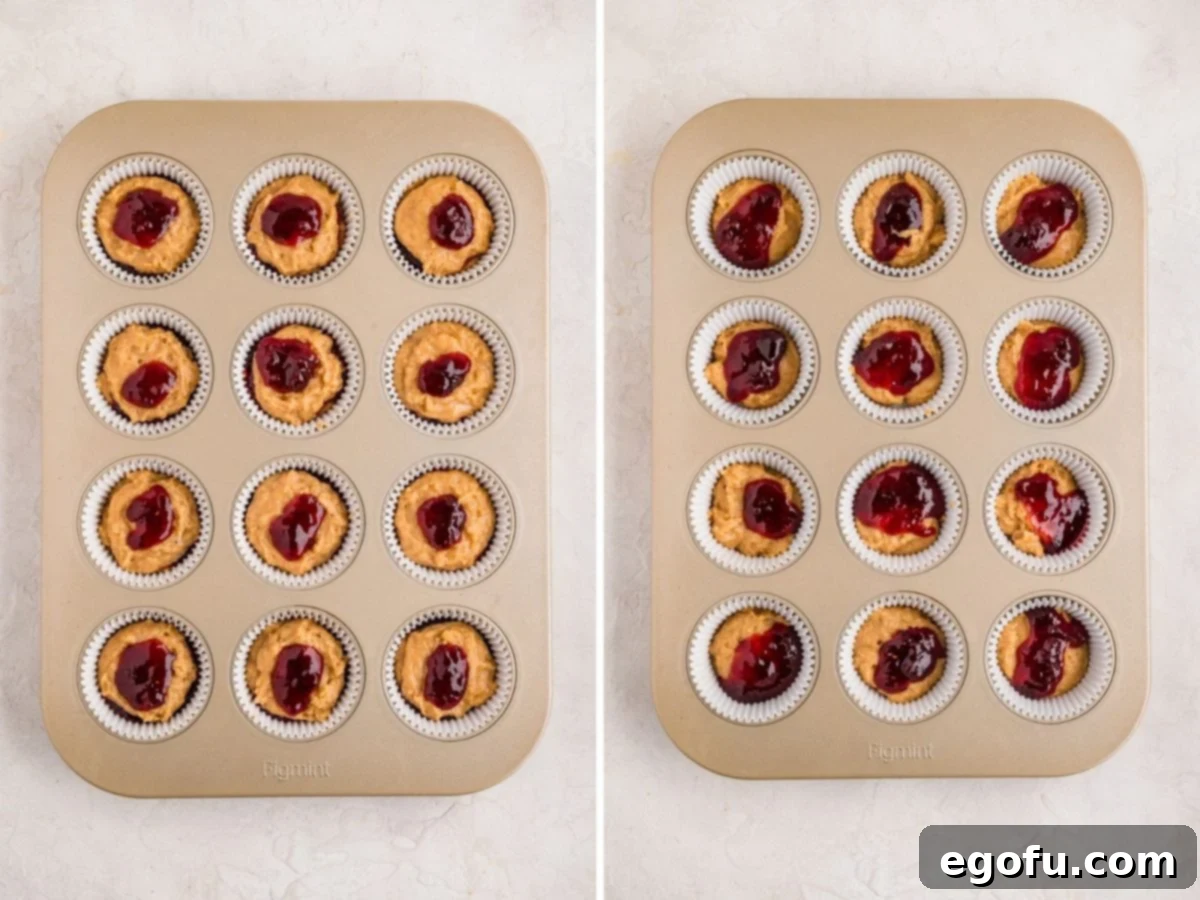 Peanut Butter & Jelly Swirl Muffins 8 Swirling jelly on top of muffin batter.