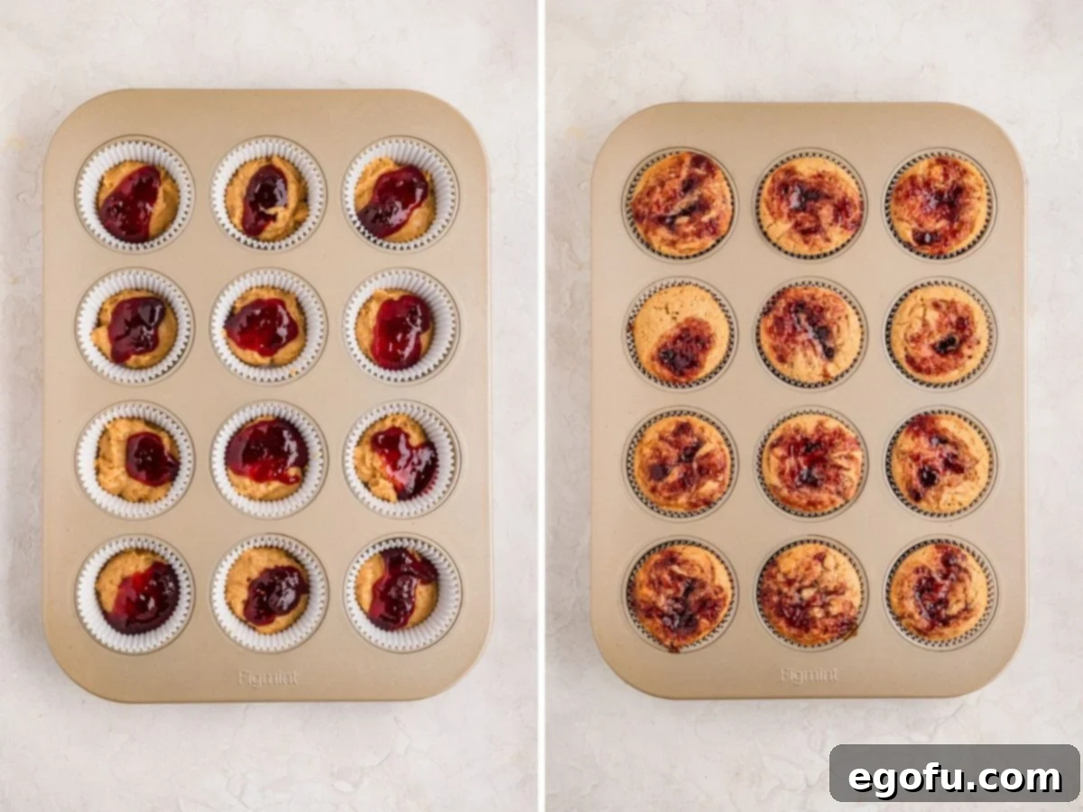 Peanut Butter & Jelly Swirl Muffins 9 Baked and unbaked muffins in a tin.
