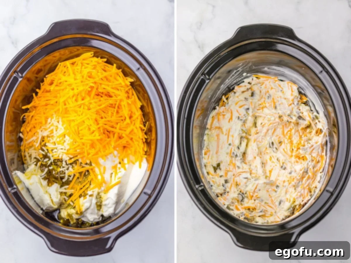 All the necessary ingredients for making Jalapeno Popper Dip beautifully arranged in a slow cooker.