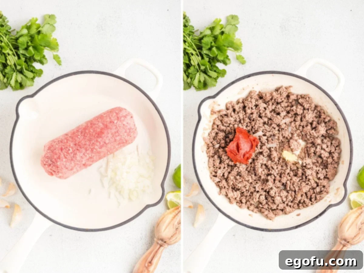 Ground beef and onion cooking in a skillet