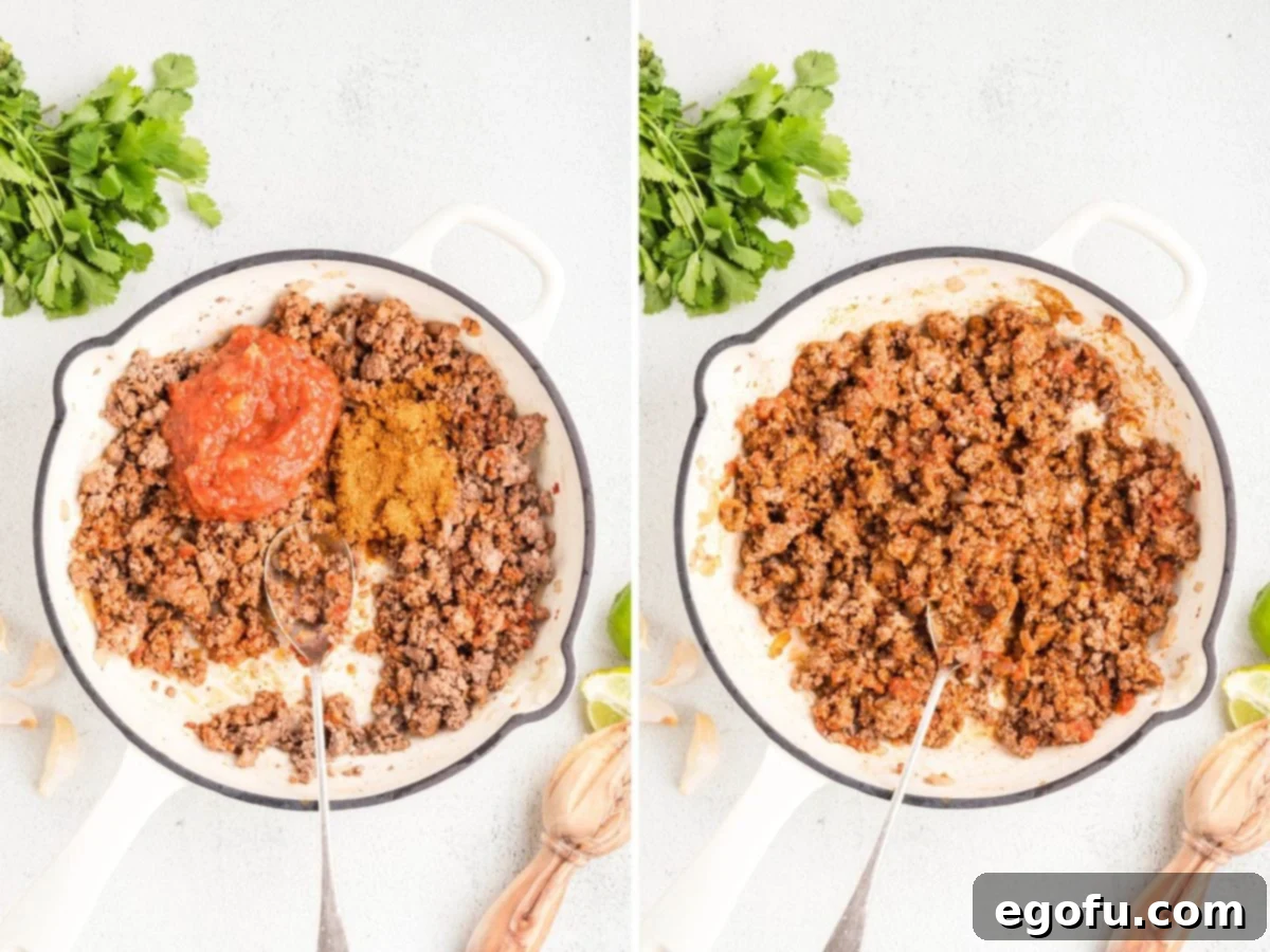 Adding tomato paste, garlic, salsa, taco seasoning, and water to the ground beef mixture