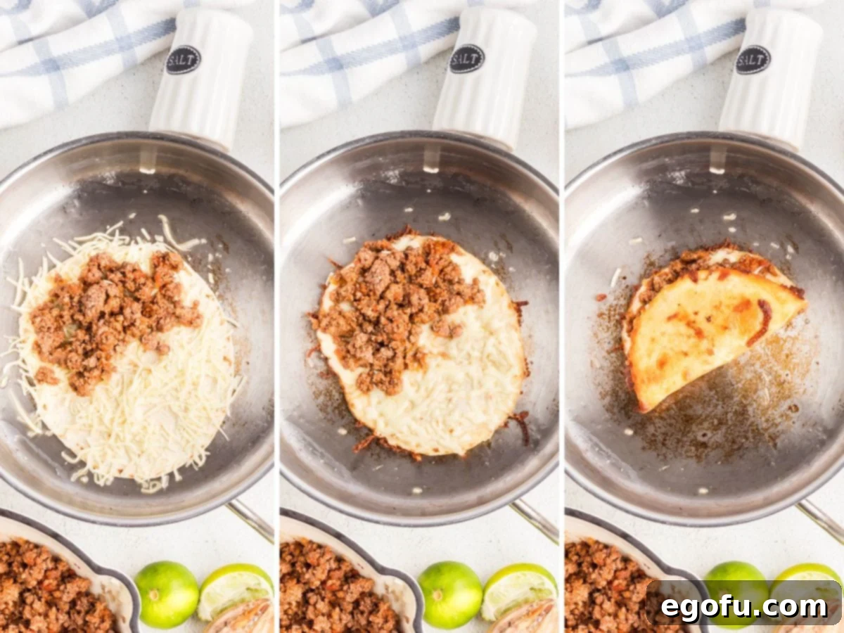 Assembling and cooking the Crispy Beef Tacos on a skillet