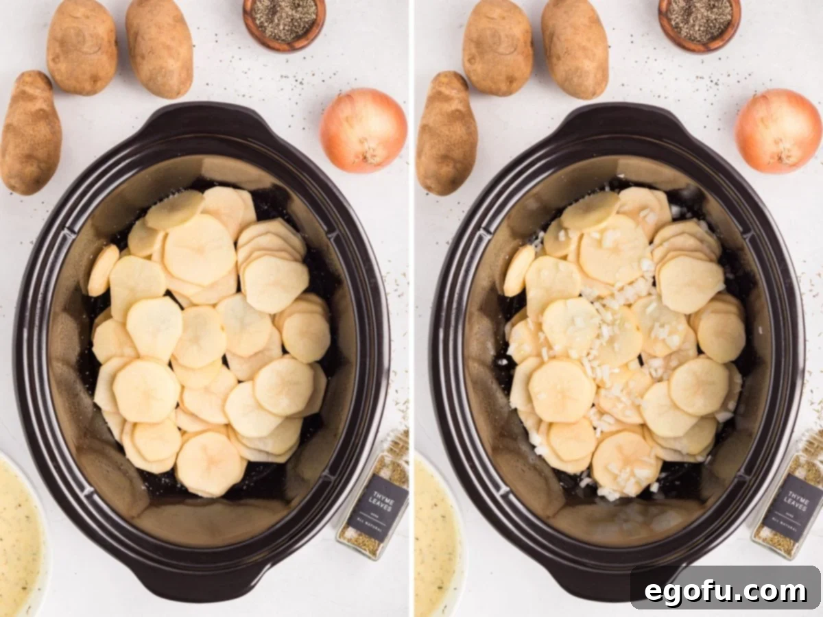 Slow Cooker Ham and Potatoes 5 A visual representation of the layering process in the Slow Cooker, showing layers of sliced potatoes, diced yellow onion, and seasoning.
