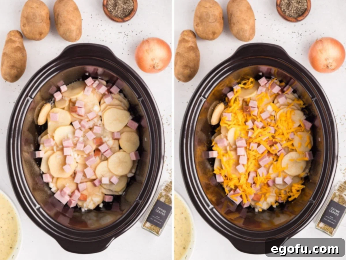 Slow Cooker Ham and Potatoes 6 An image showcasing the layers of ham, potatoes, seasonings, and onions beautifully arranged in the Crock Pot.