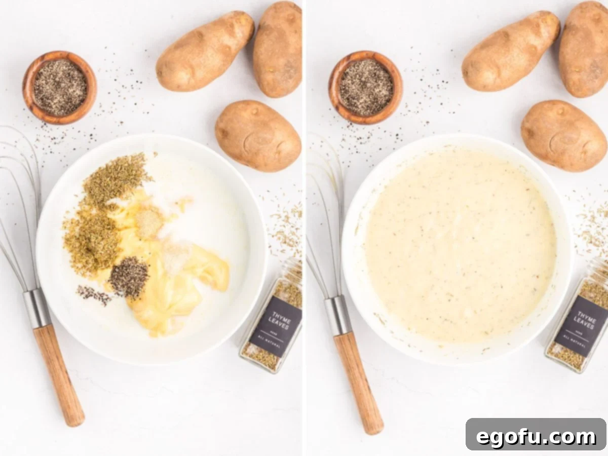 Slow Cooker Ham and Potatoes 7 A step-by-step visual of the cream sauce ingredients in a bowl and the final bowl of cream sauce, ready to be poured over the layered ingredients.