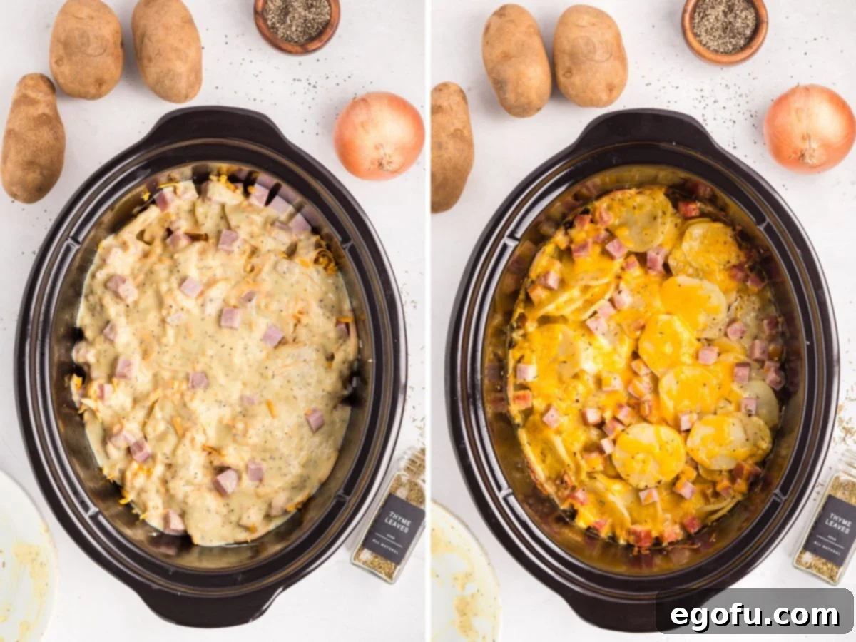 Slow Cooker Ham and Potatoes 8 A side-by-side comparison of the layers of Ham and Potatoes with sauce in the Crockpot before cooking and the final, fully cooked Crock Pot Ham and Potatoes.